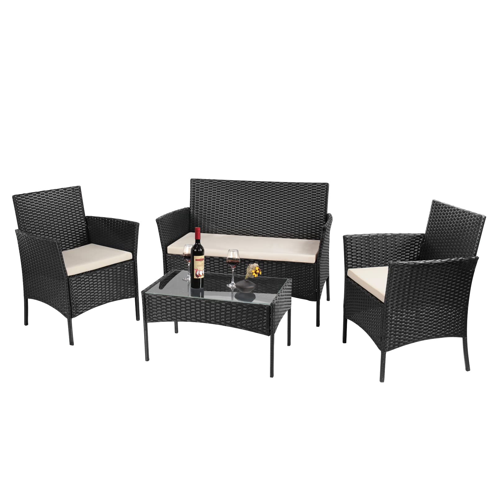 bigzzia Rattan Garden Furniture Set, 4 piece Patio Rattan furniture sofa Weaving Wicker includes 2 Armchairs,1 Double seat Sofa and 1 table (Black)